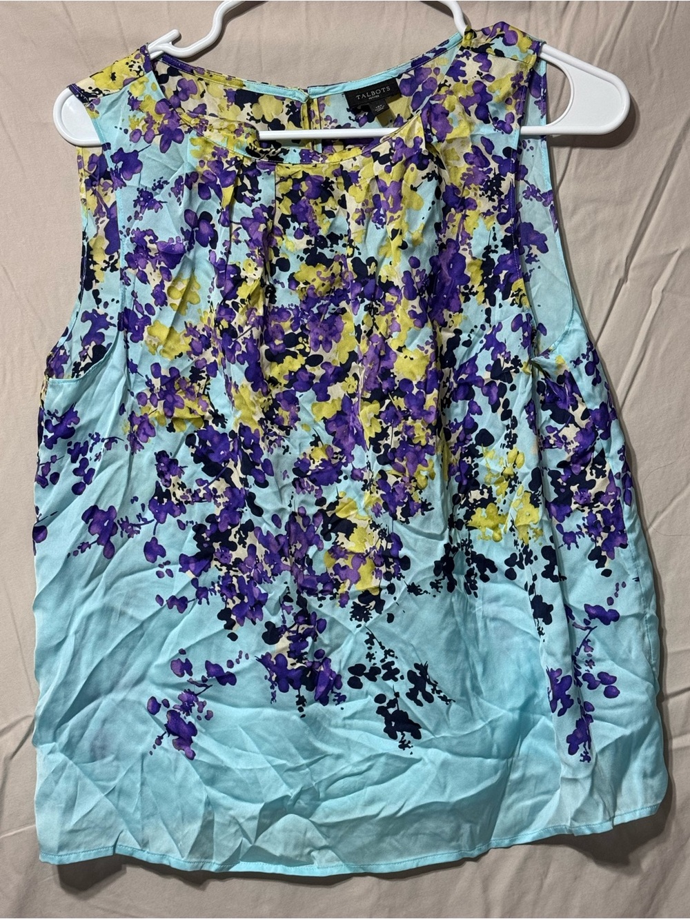 Talbots Light Blue Floral Sleeveless Top with Purple and Yellow Print